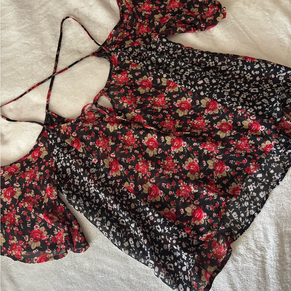 Zara Black Top with Red and White Floral Design